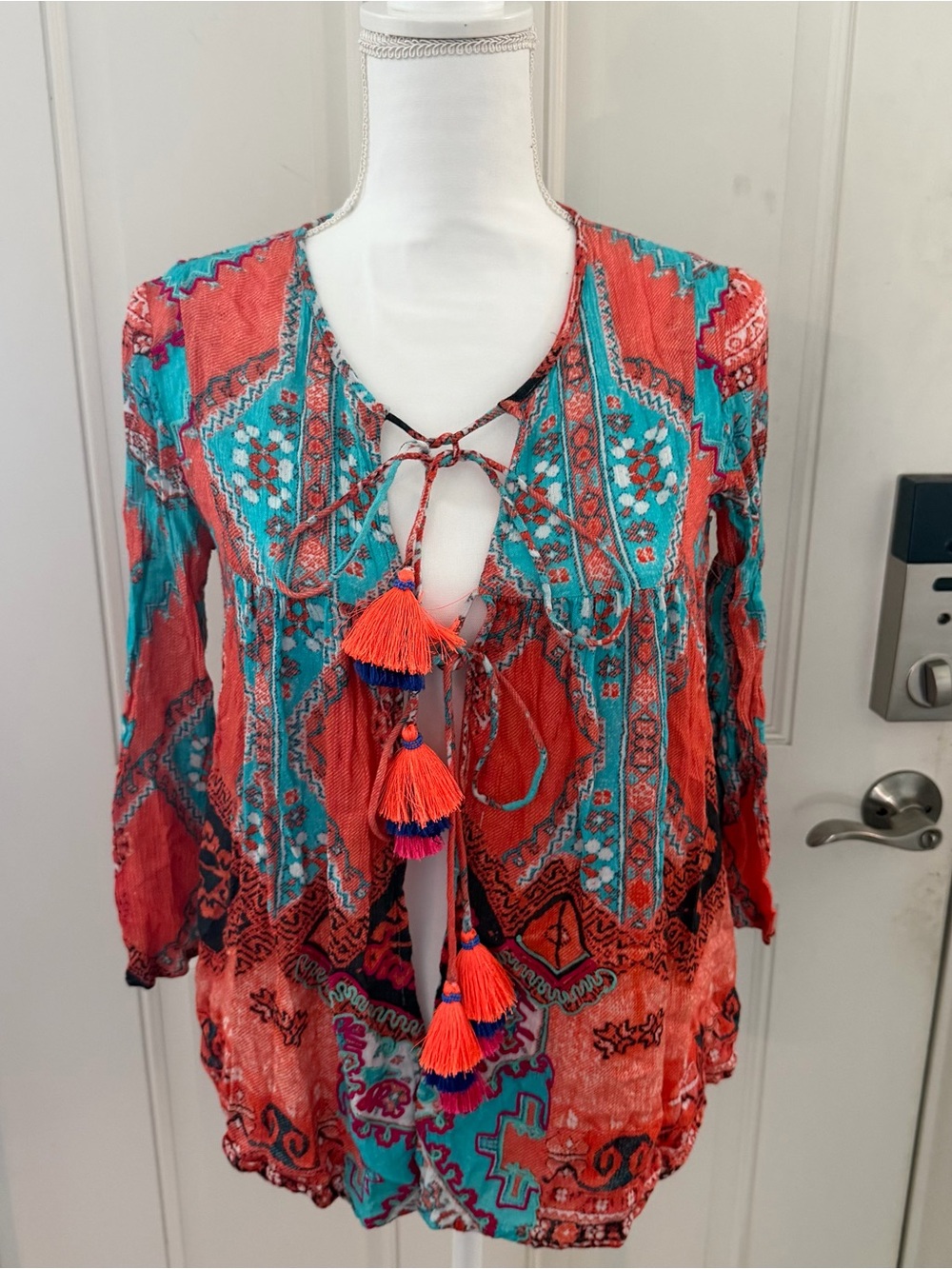 Hemant & Nandita Tassel Tunic M | Geometric Red Turquoise